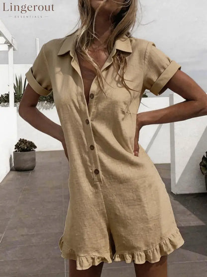 Linen Blend Lapel Shirt Ruffle Hem Short Romper Jumpsuit - Khaki / S