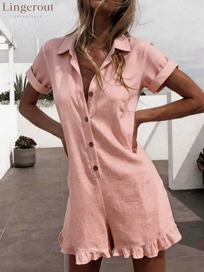 Linen Blend Lapel Shirt Ruffle Hem Short Romper Jumpsuit - Pink / S