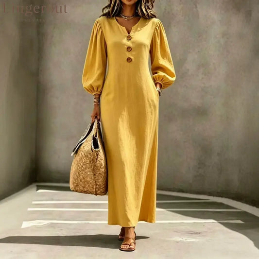 Linen Blend Notch V Neck Balloon Sleeve Maxi Dress