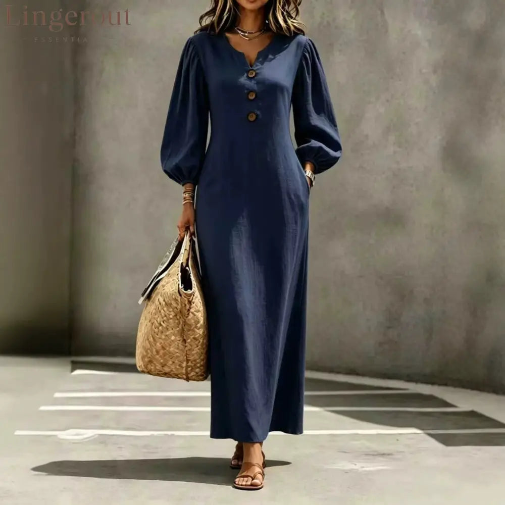 Linen Blend Notch V Neck Balloon Sleeve Maxi Dress