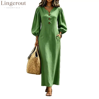 Linen Blend Notch V Neck Balloon Sleeve Maxi Dress
