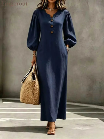 Linen Blend Notch V Neck Balloon Sleeve Maxi Dress - Navy blue / S
