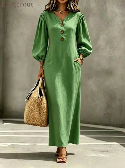Linen Blend Notch V Neck Balloon Sleeve Maxi Dress - Ocean green / S
