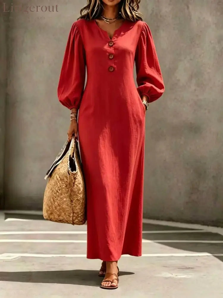 Linen Blend Notch V Neck Balloon Sleeve Maxi Dress - Scarlet / S