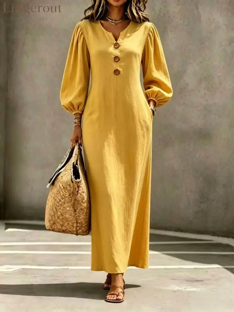 Linen Blend Notch V Neck Balloon Sleeve Maxi Dress - Wheat color / S