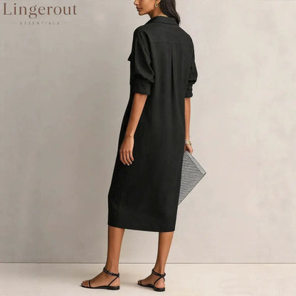 Linen Blend Shirt Midi Dress