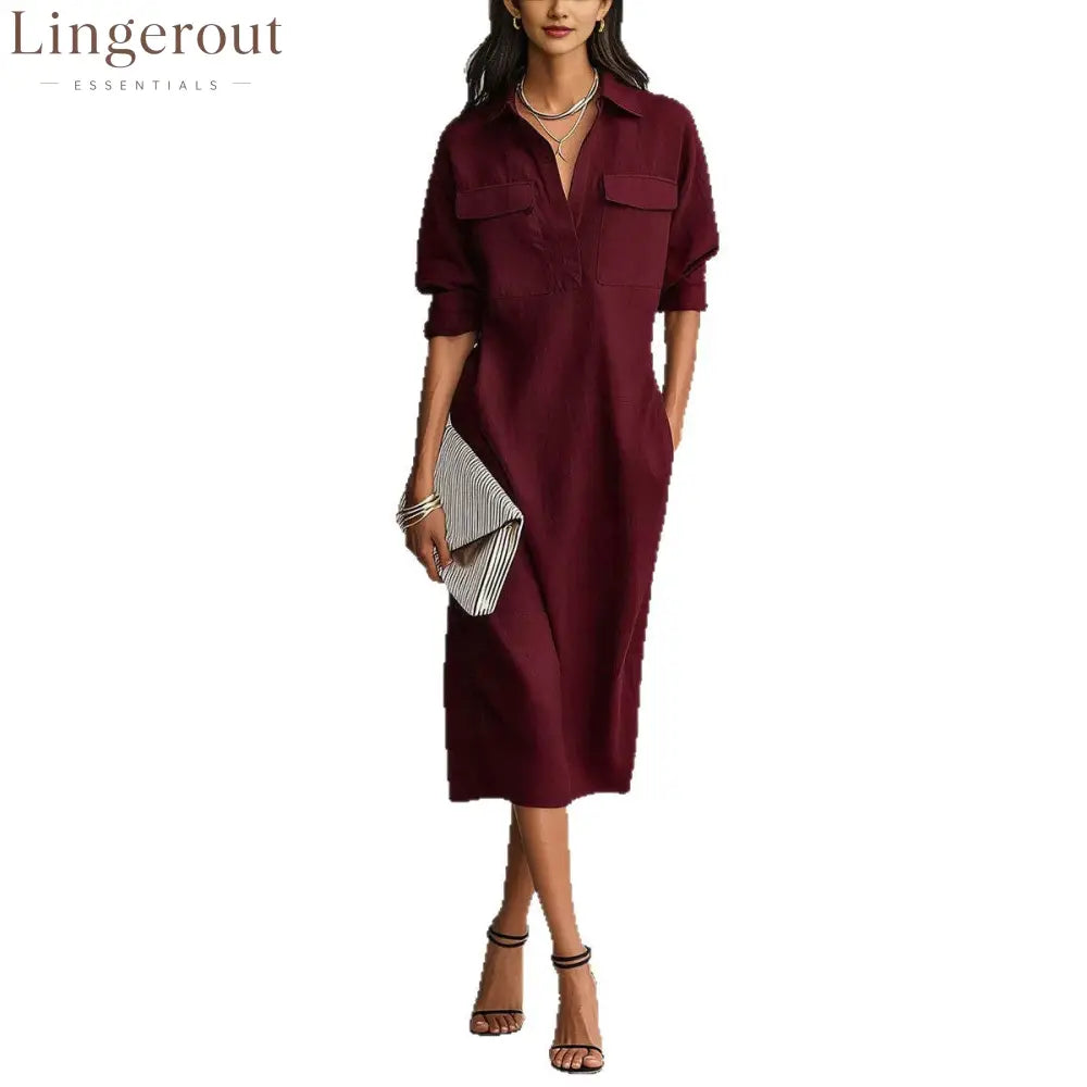 Linen Blend Shirt Midi Dress