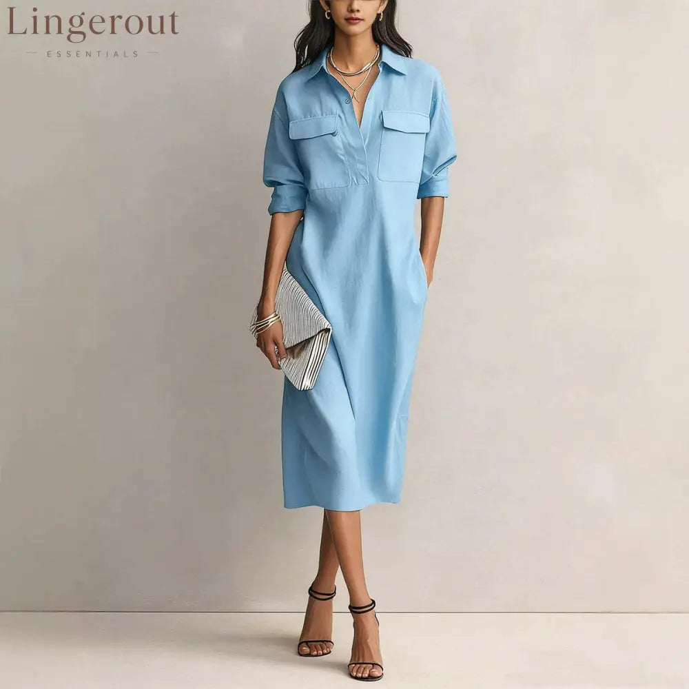 Linen Blend Shirt Midi Dress