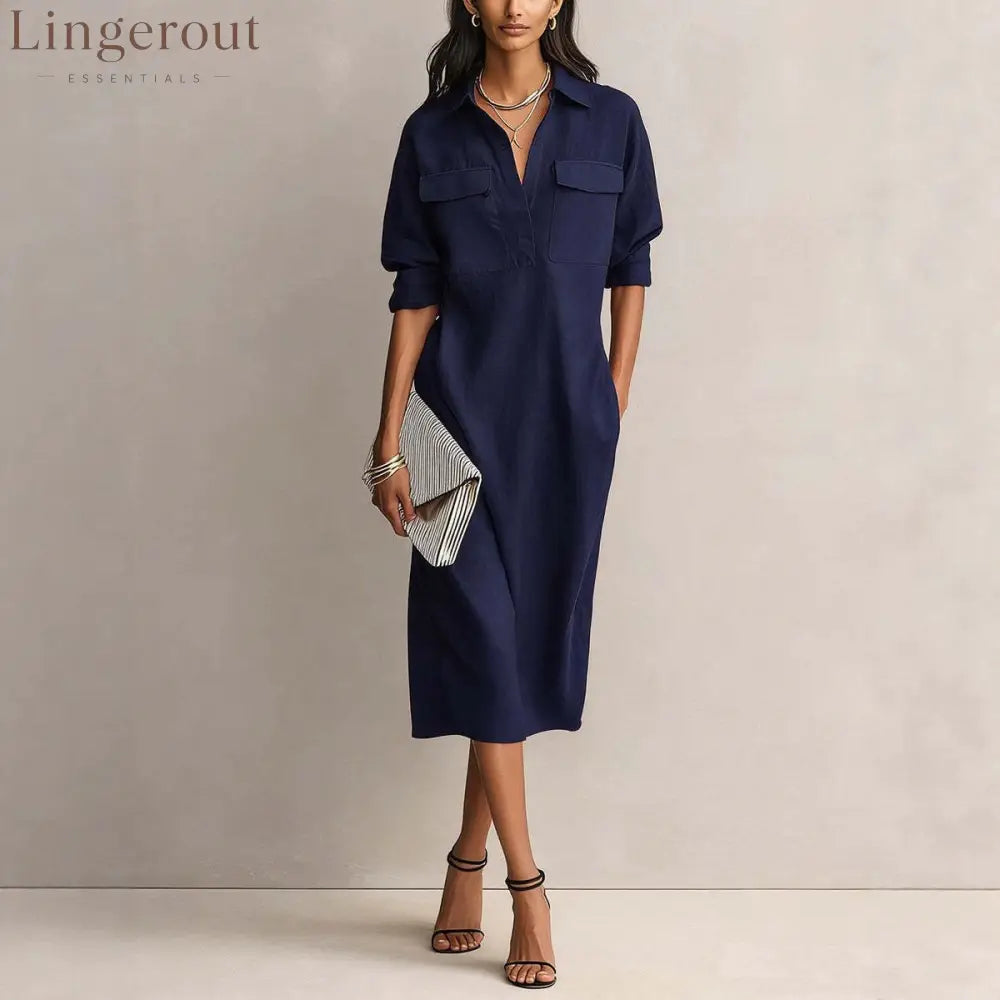 Linen Blend Shirt Midi Dress