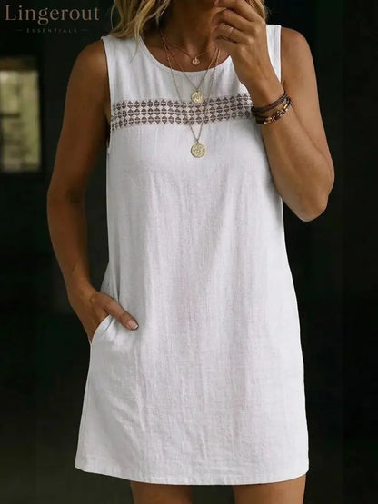 Linen-Blend Sleeveless Shift Dress - White / S