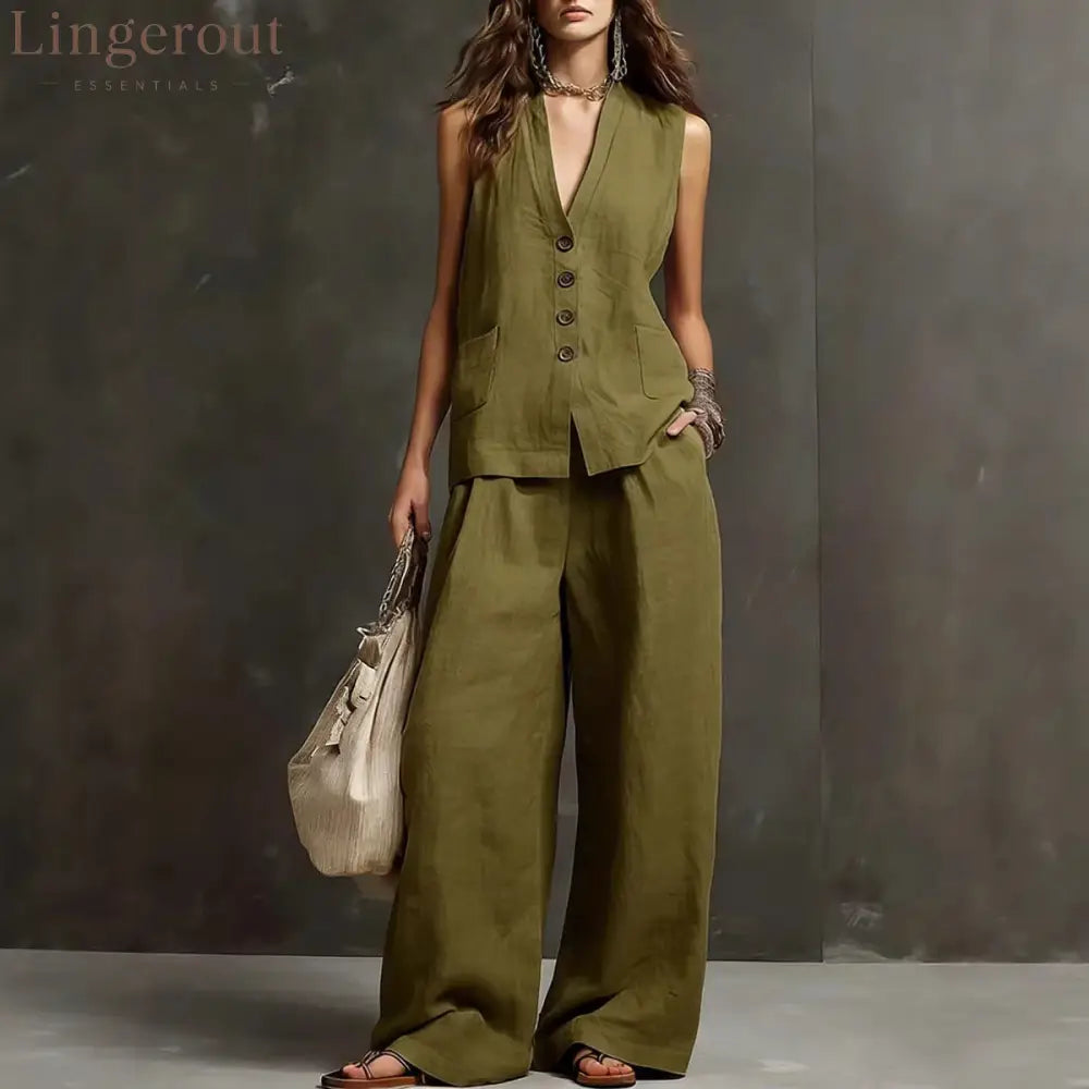 Linen Blend Sleeveless Vest & Wide-Leg Pants Set - Army green / S