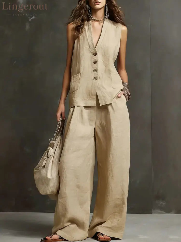 Linen Blend Sleeveless Vest & Wide-Leg Pants Set - Dark khaki / S