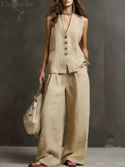 Linen Blend Sleeveless Vest & Wide-Leg Pants Set - Dark khaki / S