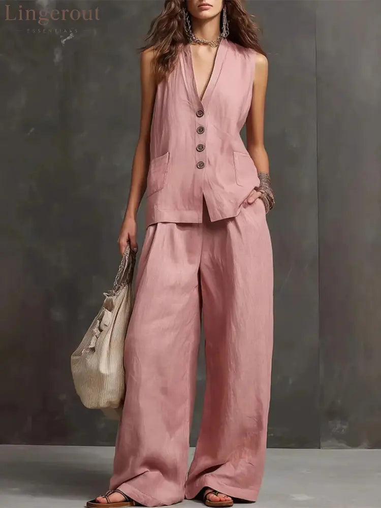 Linen Blend Sleeveless Vest & Wide-Leg Pants Set - Pink / S