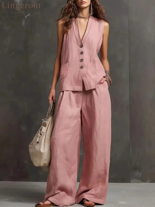 Linen Blend Sleeveless Vest & Wide-Leg Pants Set - Pink / S