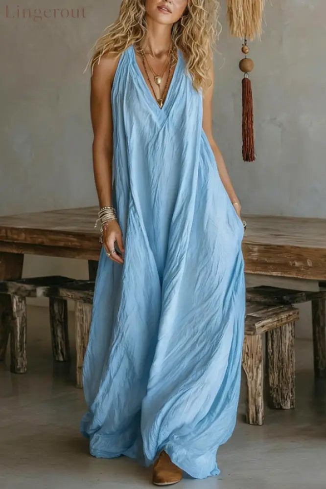 Linen Blend Solid Color Loose V-neck Sleeveless Pocket Casual Maxi Dress - Blue / S