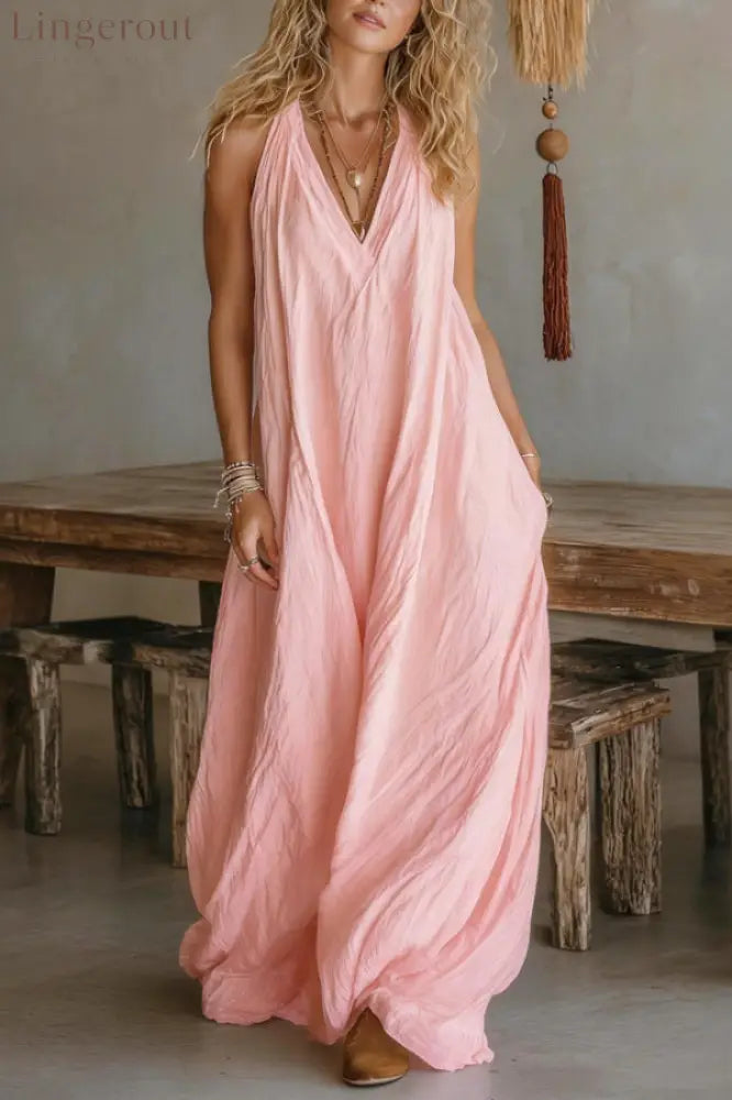 Linen Blend Solid Color Loose V-neck Sleeveless Pocket Casual Maxi Dress - Pink / S