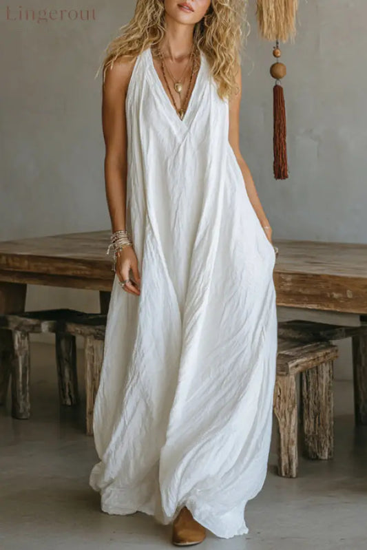 Linen Blend Solid Color Loose V-neck Sleeveless Pocket Casual Maxi Dress - White / S