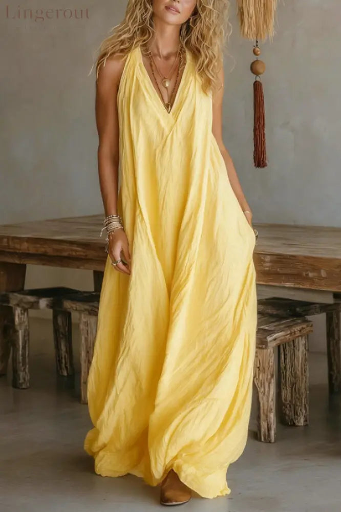 Linen Blend Solid Color Loose V-neck Sleeveless Pocket Casual Maxi Dress - Yellow / S