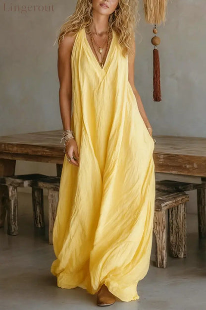 Linen Blend Solid Color Loose V-neck Sleeveless Pocket Casual Maxi Dress - Yellow / S