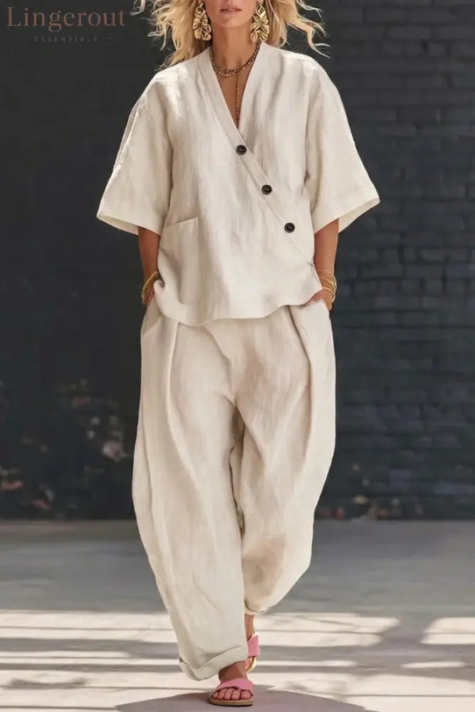 Linen Blend Solid Color V-neck Short-sleeved Loose Top and Elastic Waist Pocket Casual Pants Set - Beige / S - Sets