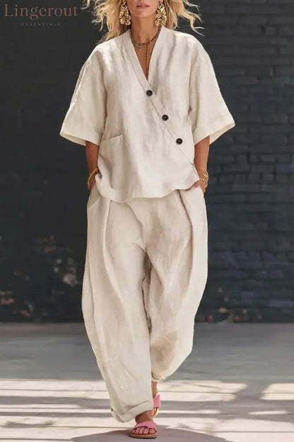 Linen Blend Solid Color V-neck Short-sleeved Loose Top and Elastic Waist Pocket Casual Pants Set - Beige / S - Sets