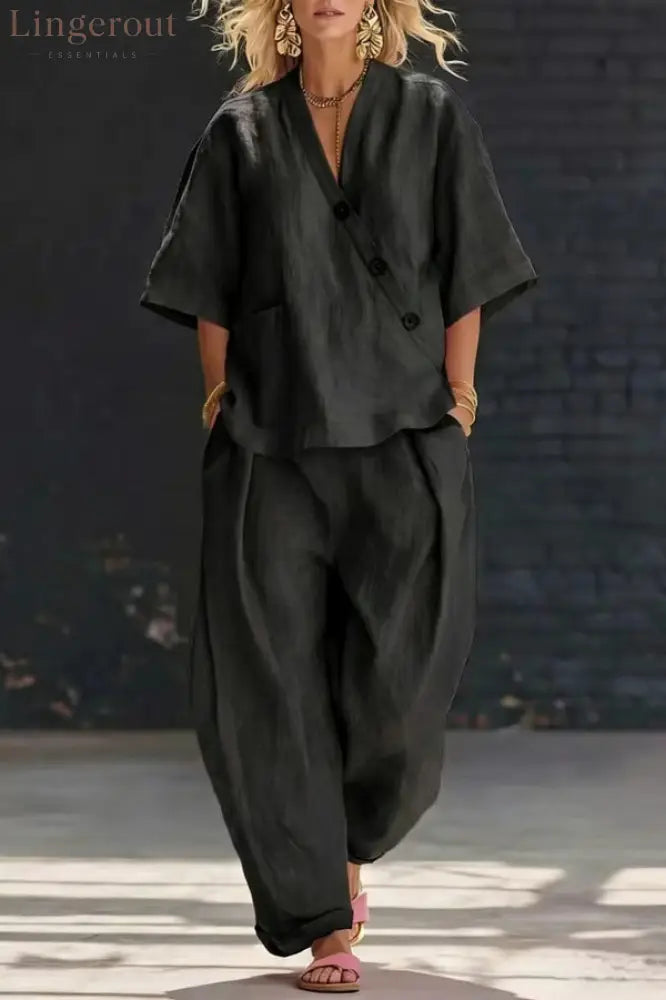 Linen Blend Solid Color V-neck Short-sleeved Loose Top and Elastic Waist Pocket Casual Pants Set - Black / S - Sets