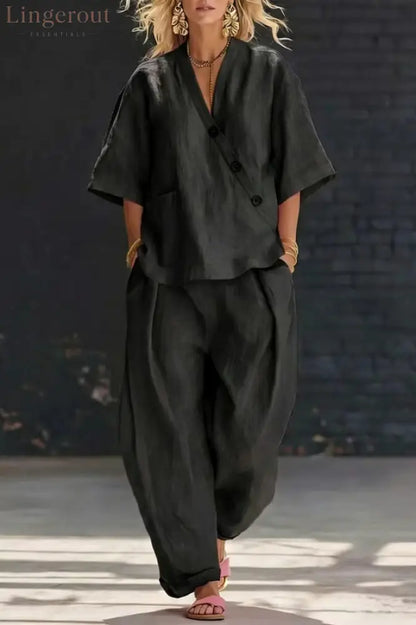 Linen Blend Solid Color V-neck Short-sleeved Loose Top and Elastic Waist Pocket Casual Pants Set - Black / S - Sets