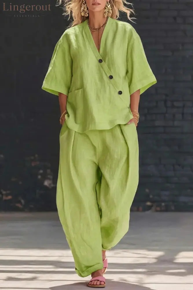 Linen Blend Solid Color V-neck Short-sleeved Loose Top and Elastic Waist Pocket Casual Pants Set - Green / S - Sets