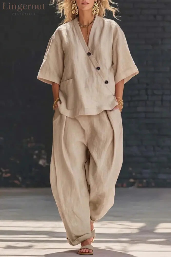 Linen Blend Solid Color V-neck Short-sleeved Loose Top and Elastic Waist Pocket Casual Pants Set - Khaki / S - Sets