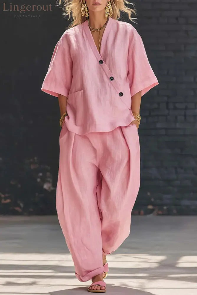 Linen Blend Solid Color V-neck Short-sleeved Loose Top and Elastic Waist Pocket Casual Pants Set - Pink / S - Sets