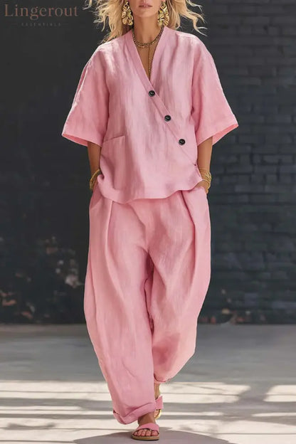 Linen Blend Solid Color V-neck Short-sleeved Loose Top and Elastic Waist Pocket Casual Pants Set - Pink / S - Sets