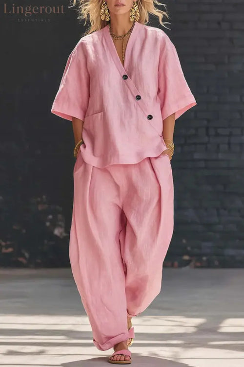 Linen Blend Solid Color V-neck Short-sleeved Loose Top and Elastic Waist Pocket Casual Pants Set - Pink / S - Sets