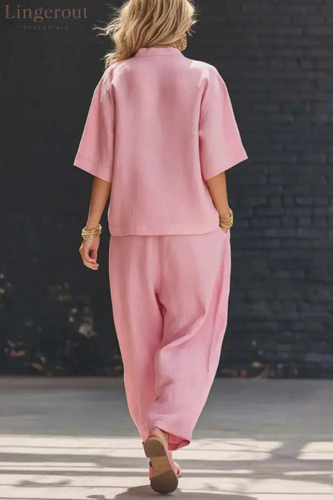 Linen Blend Solid Color V-neck Short-sleeved Loose Top and Elastic Waist Pocket Casual Pants Set - Sets