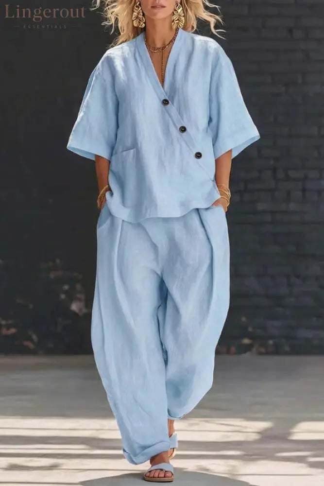 Linen Blend Solid Color V-neck Short-sleeved Loose Top and Elastic Waist Pocket Casual Pants Set - Wathet Blue / S