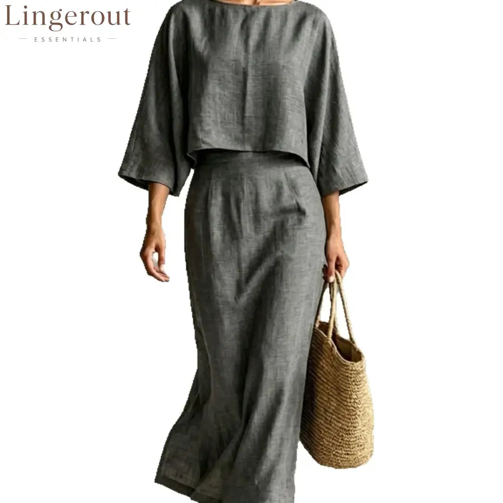 Linen‑Blend Two‑Piece Midi Skirt Set