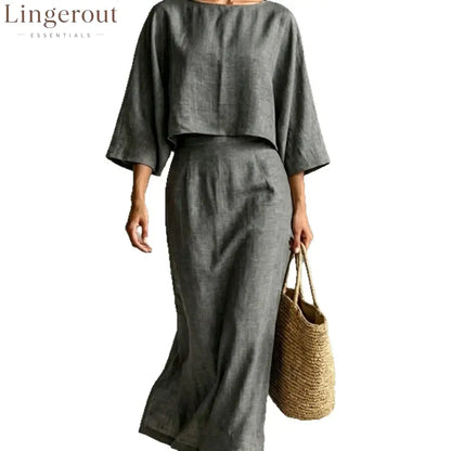 Linen‑Blend Two‑Piece Midi Skirt Set
