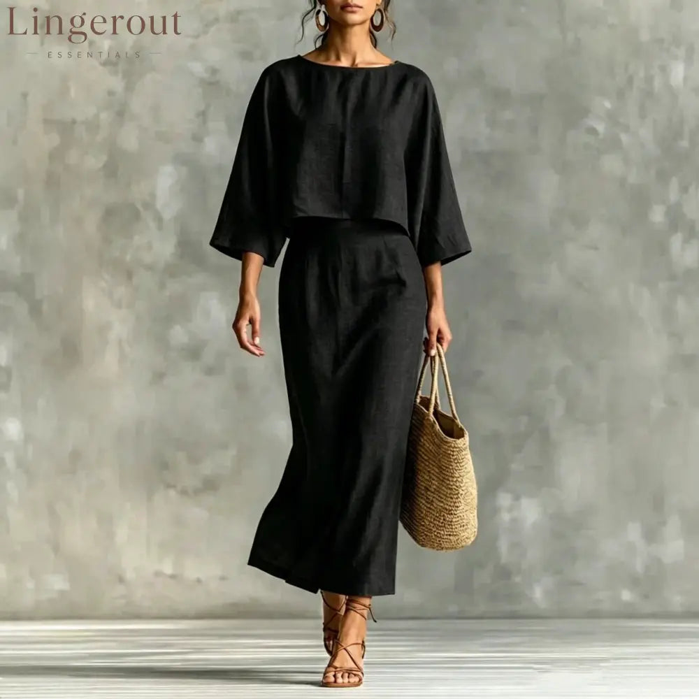 Linen‑Blend Two‑Piece Midi Skirt Set