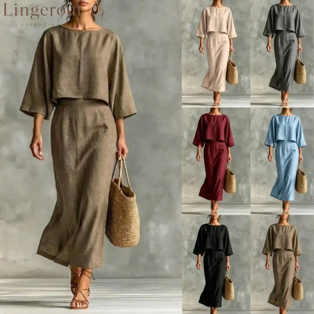 Linen‑Blend Two‑Piece Midi Skirt Set