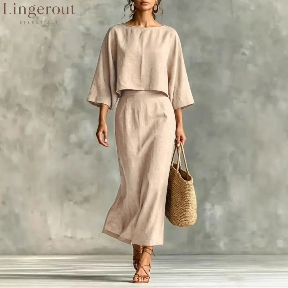 Linen‑Blend Two‑Piece Midi Skirt Set