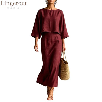 Linen‑Blend Two‑Piece Midi Skirt Set