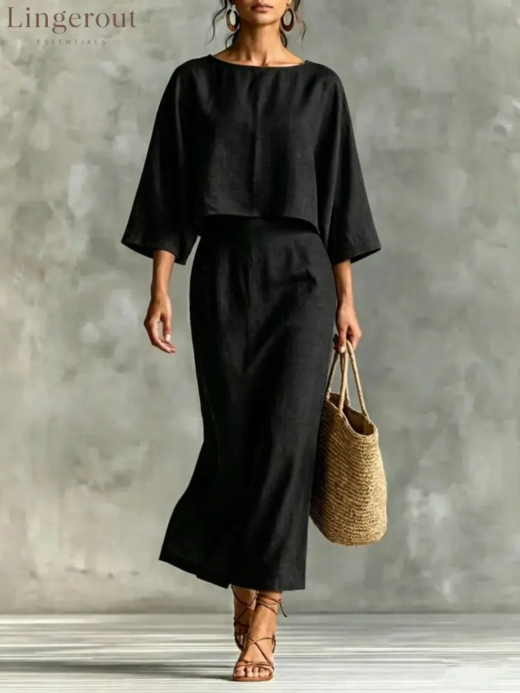 Linen‑Blend Two‑Piece Midi Skirt Set - Black / S