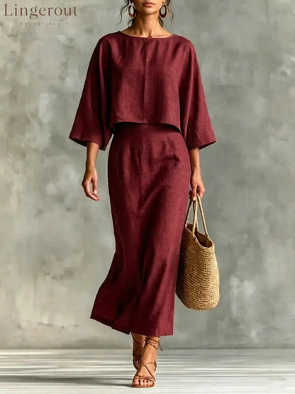 Linen‑Blend Two‑Piece Midi Skirt Set - Claret / S