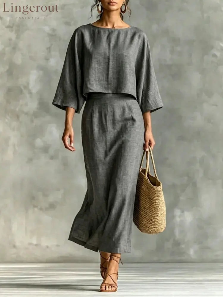 Linen‑Blend Two‑Piece Midi Skirt Set - Grey / S