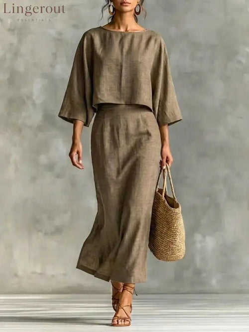 Linen‑Blend Two‑Piece Midi Skirt Set - Khaki / S