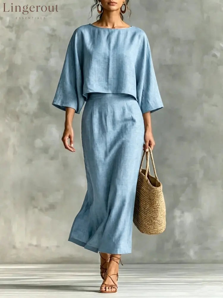 Linen‑Blend Two‑Piece Midi Skirt Set - Sky blue / S