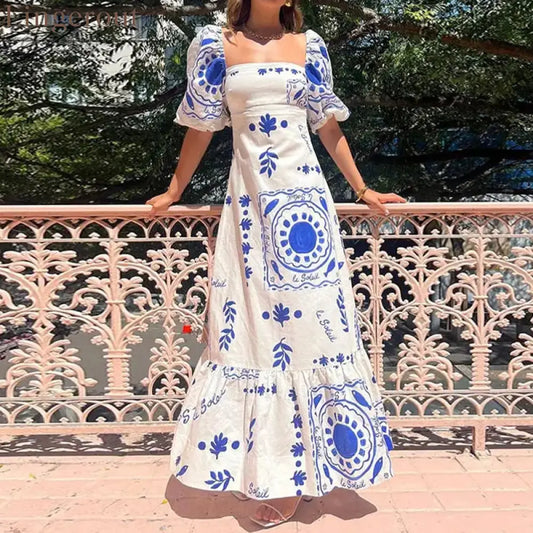 Linen Blend Unique Print Square Neck Bubble Sleeve Maxi Dress - Blue / S