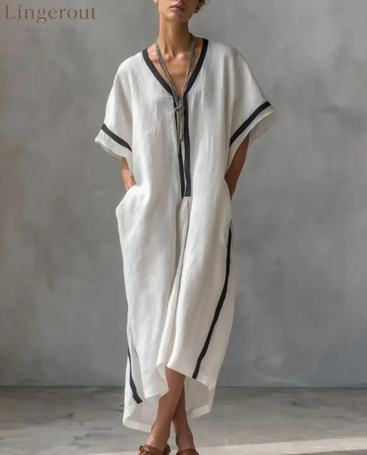 Linen Blend V-Neck Kaftan Dress