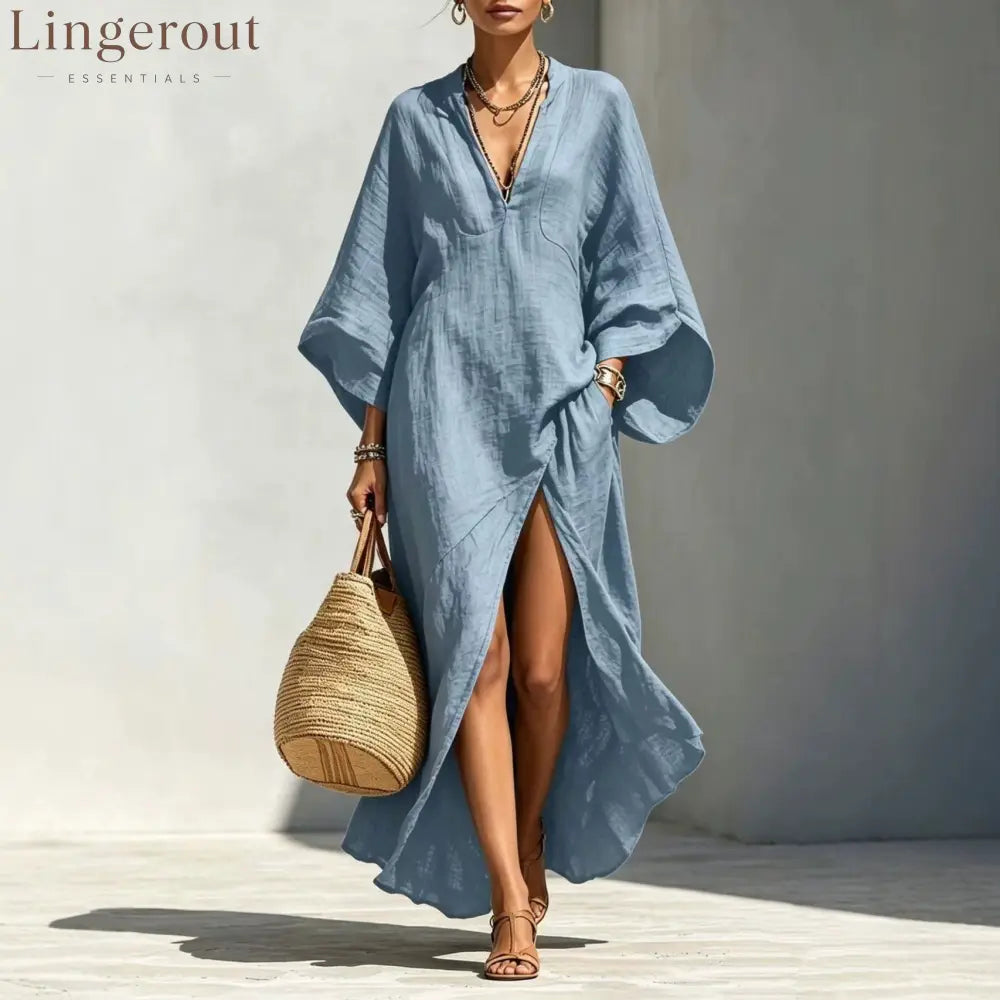 Linen‑Blend V‑Neck Kaftan Maxi Dress