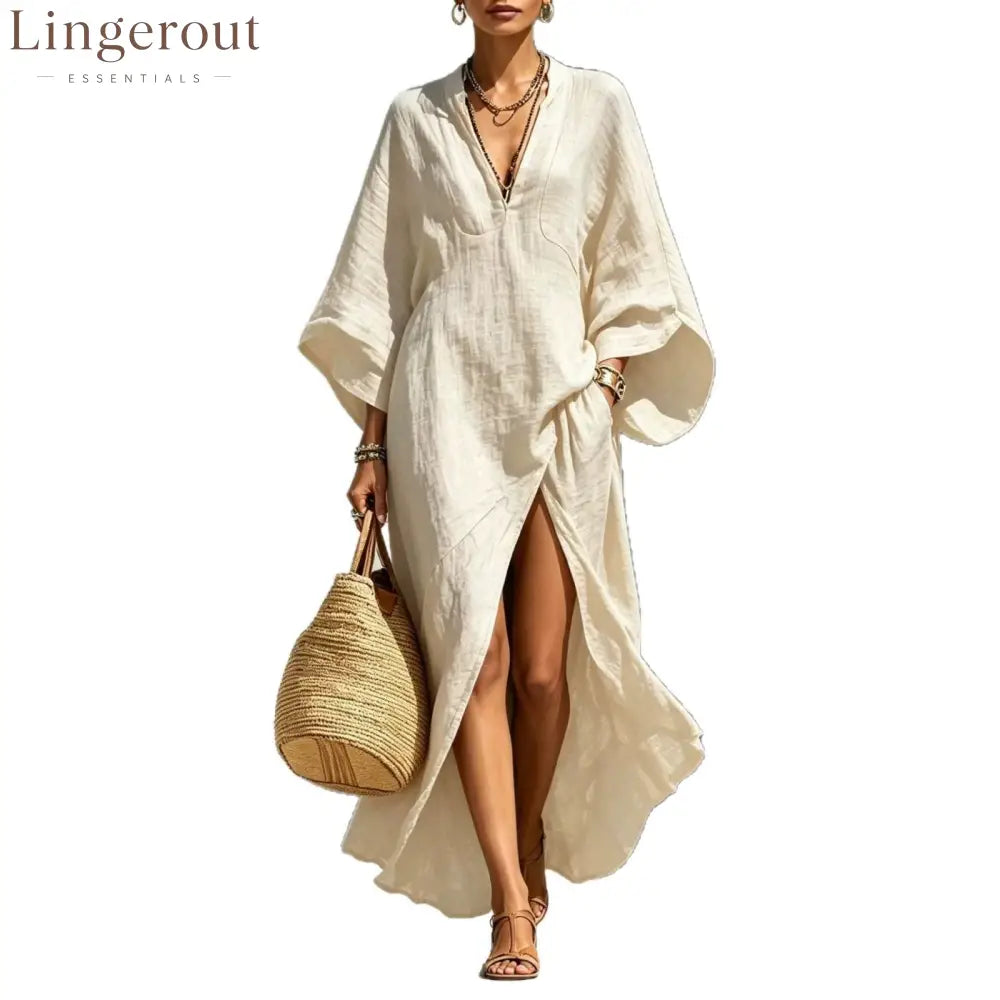 Linen‑Blend V‑Neck Kaftan Maxi Dress